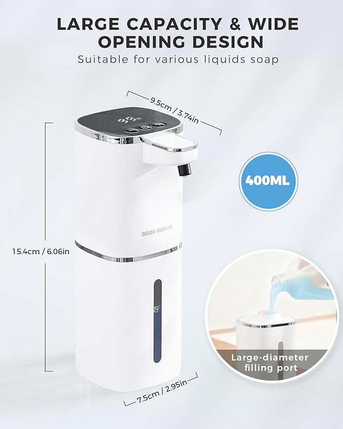 2 Pack Automatic Liquid Soap Dispenser, 13.5oz/400mL, USB Rechargeable, 9-Adjustable Liquid Levels, IPX5 Waterproof, Touchless & Wall/Tabletop Use for Kitchen Bathroom, White