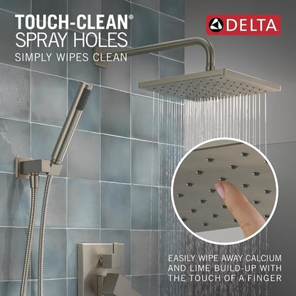 Delta Modern 14 Series Square Rain Shower System Faucet Set, Rainfall Brushed Nickel Shower Head and Handle Set, Valve Trim Kit, 10 Inch, Spotshield Stainless T342701-SP (Valve Not Included)