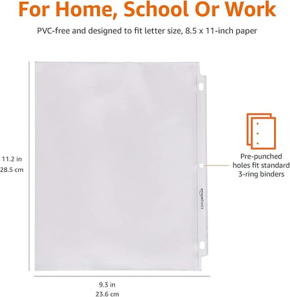 Amazon Basics Sheet Protectors for 3 Ring Binder, Non-Glare, Top Loading, Letter Size 8.5 x 11 in, Clear Plastic Sleeves, 100-Pack