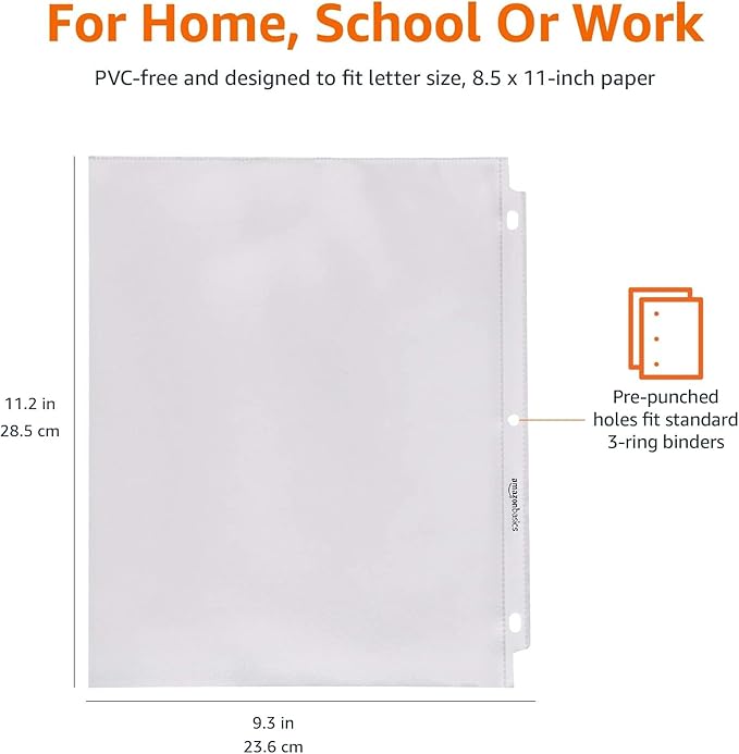 Amazon Basics Sheet Protectors for 3 Ring Binder, Non-Glare, Top Loading, Letter Size 8.5 x 11 in, Document Organizer, Pre-Punched Holes, Clear, 500-Pack