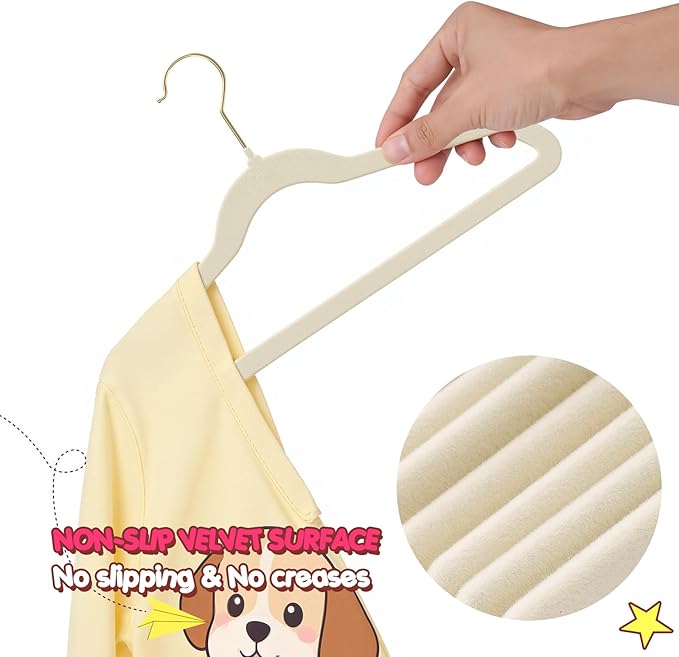 Korpai 30 Pack Kids Velvet Hangers 14 Inch, Non-Slip, Ultra Slim,Space-Saving Kids Hangers with 360° Swivel Hook, 7LBS Capacity, Kids Clothes Hangers Ideal for Youth's Dresses/Shirts/Coats, Beige