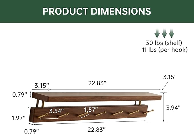 Walnut Wall Hooks with Shelf, Coat Rack Wall Mount, Entryway Hanging Shelf with 7 Brass Hooks for Hats, Clothes, Towels, Bags, Black Walnut Wood, Natural