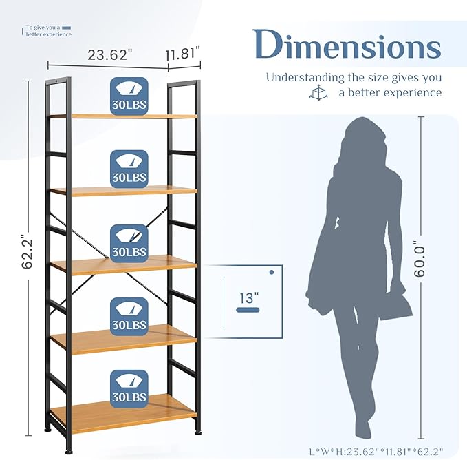 DUMOS 5 Tiers Bookshelf, Classical Book Shelf, Tall Display Shelves in Living Room/Home/Office, Storage Organizer for CDs/Books/Movies, Wood