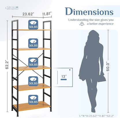 DUMOS 5 Tiers Bookshelf, Classical Book Shelf, Tall Display Shelves in Living Room/Home/Office, Storage Organizer for CDs/Books/Movies, Wood