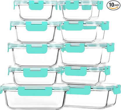 M MCIRCO 10-Pack Glass Food Storage Container with Lids, Airtight Lunch Bento Boxes, Glass Meal Prep Container,Microwave, Oven, Freezer and Dishwasher Friendly, Green