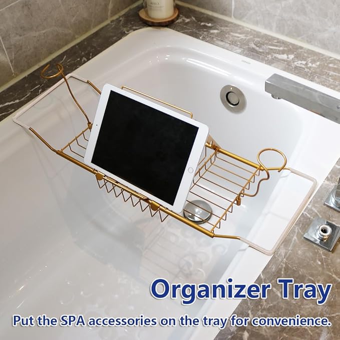 BESTHLS Bathtub Tray Caddy for Luxury Bath Expandable Extra Wide Bath Tub Tray with Wine Glass Holder & Soap Accessaries Holder & Laptop Reading and Organizer Ideal for Home Spa Lover (Copper)