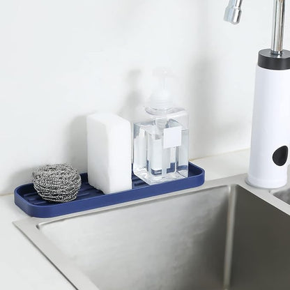 MicoYang Silicone Kitchen Sink Organizer Tray for Multiple Usage,Eco-Friendly Sponges Holder for Kitchen Bathroom Counter or Sink,Dish Soap Dispenser,Scrubber,Bottle,Cup (Navy Blue, 12"×4")