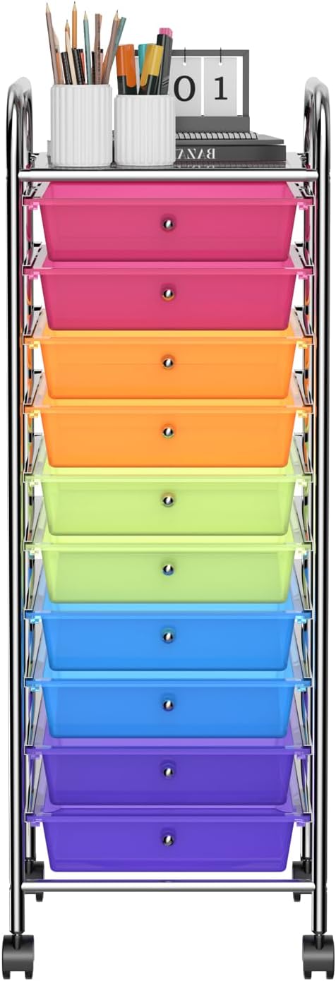 OFFICEJOY Storage Cart, Rolling Utility Cart with 10 Drawers, Portable Handles & Lockable Wheels, Mobile Paper Toys Storage Organizer Large Capacity for Home Office School Teacher (Rainbow)