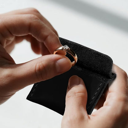 Ringsun Genuine Leather Ring Pouch, Handcrafted Small Ring Box for Men & Women, Portable Jewelry Organizer and Storage Gifts for Women for Marriage Travel Proposal Engagement Wedding, Black