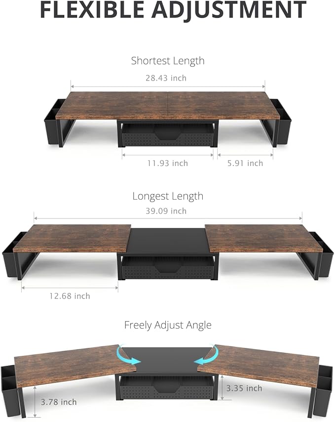 OPNICE Wood Desk Organizers and Accessories, Dual Monitor Stand Riser with Drawer and 2 Pen Holders, Desk Shelf Computer Racks for Office Workspace Organizers, Desktop Organization (Rustic Brown)