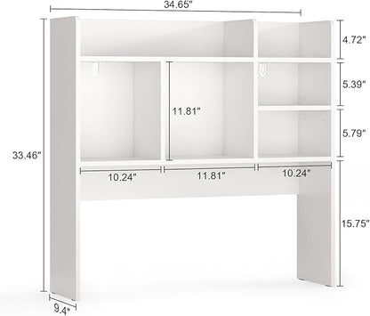 Desk Hutch with 6 Shelves, Desktop Bookshelf Organizer & Hutch Top for Desk, Over Desk Storage Shelf for Office, Home, Dorm | Space-Saving Design (White)