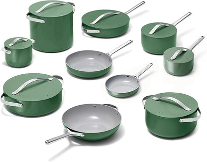Caraway 24-Piece Nonstick Ceramic Cookware Set - Includes Fry Pans, Sauce, Sauté Pan, Dutch Oven, Petite Cooker, Stir Fry, Rondeau, Stock Pot, Lids & Storage Organizers - Sage