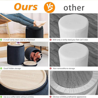 BLEXA Round Ottoman with Storage Set of 2-Upholstered Velvet Vanity Stool for Makeup Multifunctional Ottomans Coffee Table Padded Seat Foot Rest for Living Room&Bedroom (Black-Upgrade Tray Lid)