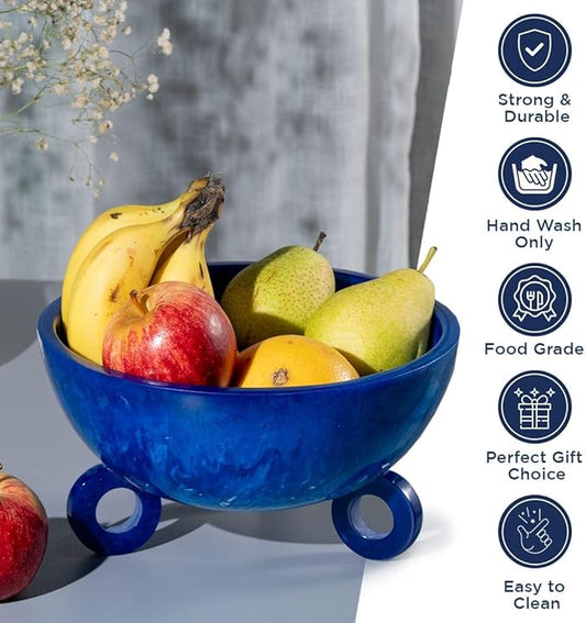 Folkulture Fruit Bowl for Kitchen Counter | (9") Blue Resin Decorative Bowl | Centerpiece Table Decorations | Fruit Basket for Coffee Table Décor | Kitchen Counter Décor, Pedestal Bowl