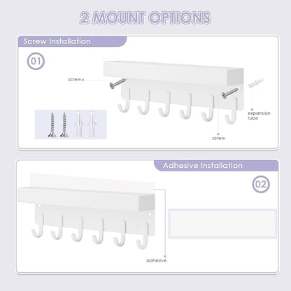 VIS'V Key Holder Wall Mount, Compact Adhesive Key Rack with Tray, 6 Hooks, 2 Mount Options, White