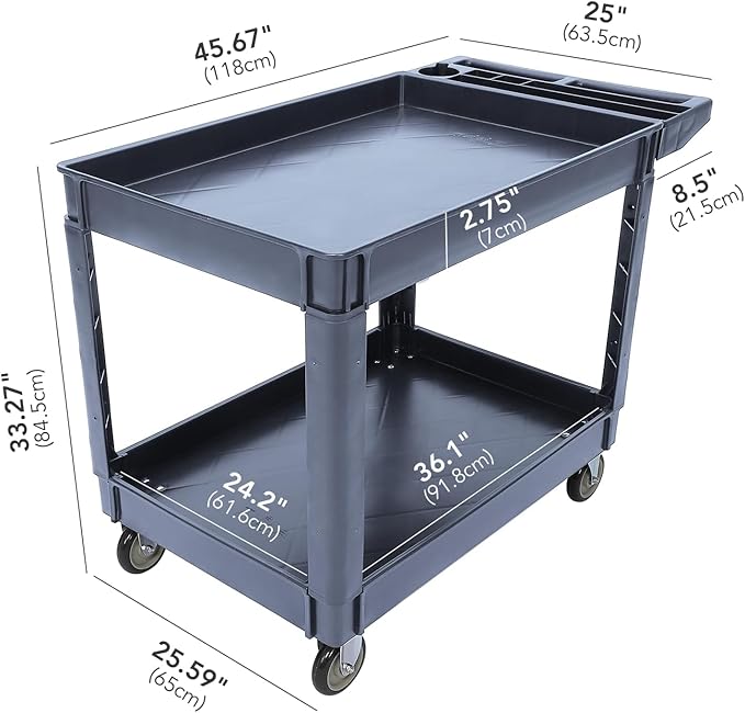 Utility Service Cart 2-Shelf 500 Lbs Capacity, Heavy Duty Rolling Cart with Two Trays and Brake Wheel for Warehouse, Garage, Cleaning, Manufacturing, Storage Handle, 45"X25" Gray