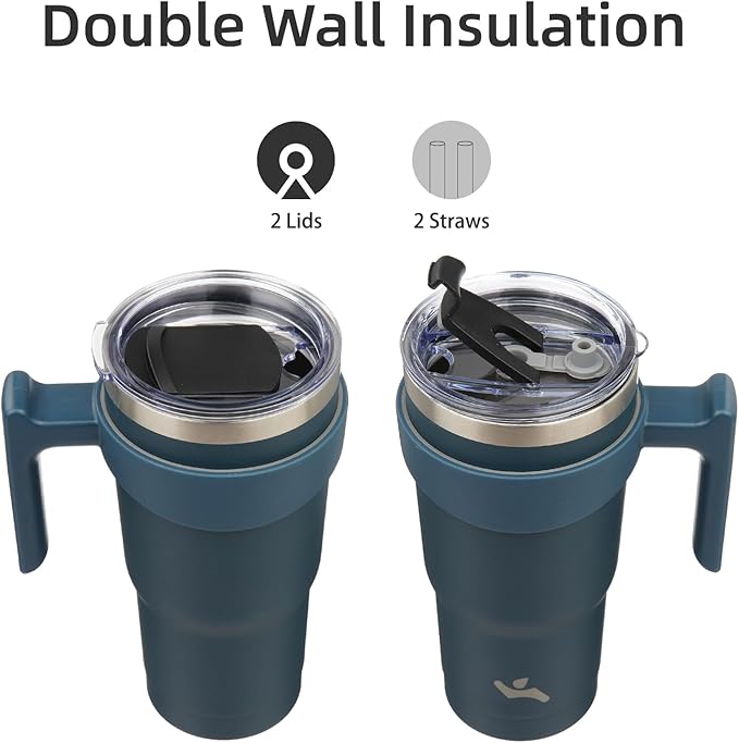 20 oz Tumbler with Handle and 2 Straw 2 Lid, Insulated Water Bottle Stainless Steel Vacuum Cup Reusable Travel Mug, Navy Blue