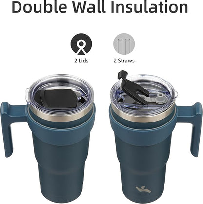 20 oz Tumbler with Handle and 2 Straw 2 Lid, Insulated Water Bottle Stainless Steel Vacuum Cup Reusable Travel Mug, Navy Blue