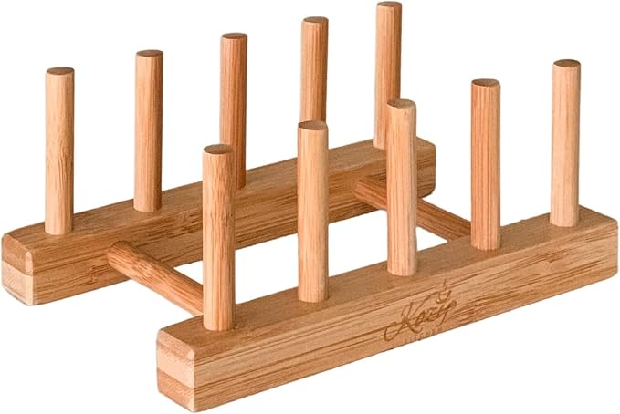 Pot Lid Organizer, Dish Drying Rack Dishware Holder 100% Natural Bamboo Drainer Stand - Wooden Finish- Holds Plates Bowls Mugs Cups Cutting Board (Natural Bamboo- Plate Holder (Set of2))
