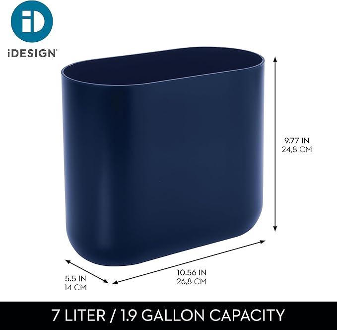 iDesign Small Slim Plastic Bathroom Trash Can, Garbage Can for Bedroom, Office, Desk, Dorm, Navy Blue