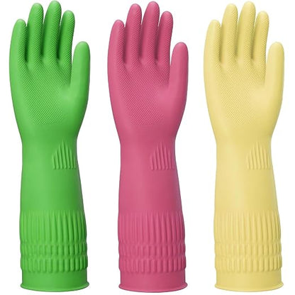 Rubber Gloves for Cleaning – 3 Pairs Reusable Gloves for Dishwashing, Kitchen and Household Tasks, 15-Inch Long (Regular Style, Large (Fits Medium Hands))