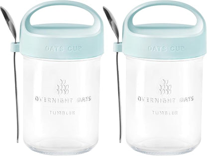 2Pack Overnight Oats Containers with Lids and Handle,14 oz Airtight Oatmeal Container,Mason Jars with Lid for Cereal,Milk,Fruit,Yogurt,On The Go Container,Salad Jars,Glass Jars (Blue)