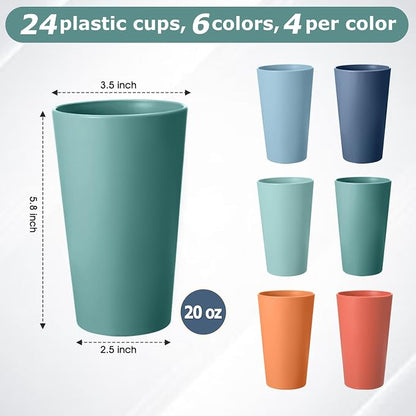 24 Pcs Unbreakable Plastic Cups Set, 20 oz Reusable Plastic Cups, Stackable Water Tumblers, Drinking Cup for Kitchen, Outdoor, BPA-free, Dishwasher Refrigerator and Microwave Safe (20 oz, 6 Colors)