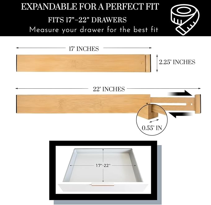 Expandable Bamboo Drawer Dividers 8 pack with labels(17"-22") Drawer Organizer for Kitchen, Clothes,Utensils,Silverware,Dresser,Office,Desk