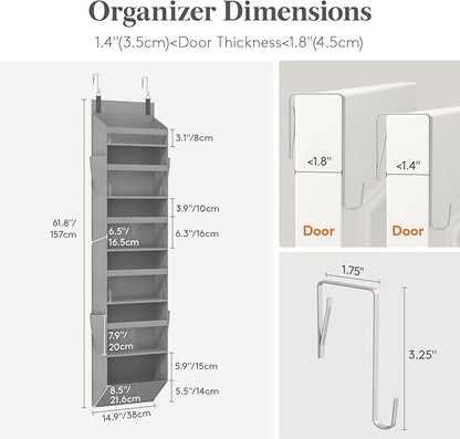 Lifewit 1 Pack Over the Door Organizer, 6 Section Clear Window Hanging Storage with 4 Side Pockets, Sturdy Anti Tilt 40 lbs Load Behind Door for Closet, Bedroom, Bathroom, Nursery, Dorm, Gray