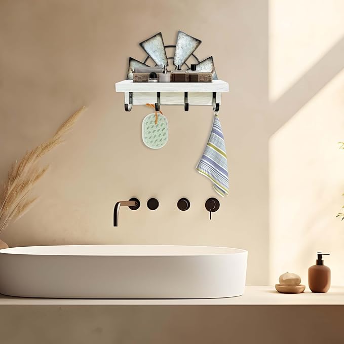Windmill Key Holder Wall Mount, Decorative Wall Mounted Key and Mail Rack with Shelf, Farmhouse Wall Decor, 4 Rustic Hooks for Coats & Keys, White Western Key Holder.