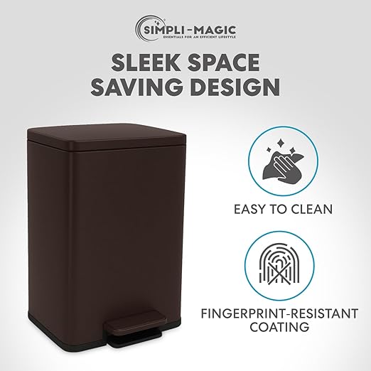 Simpli-Magic 50 Liter / 13.2 Gallon Soft-Close, Smudge Resistant Trash Can with Foot Pedal and Built in Filter- Brown