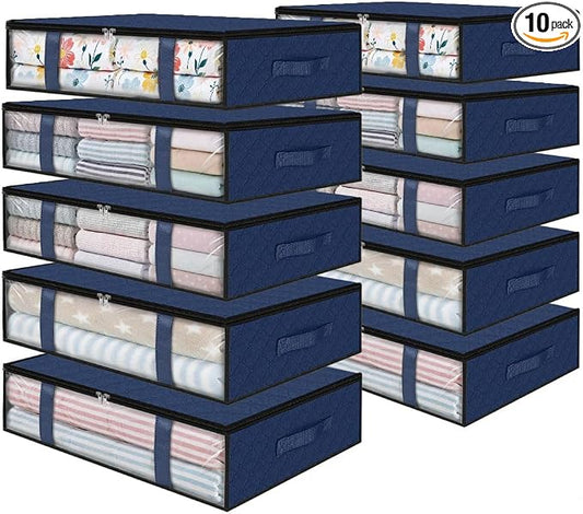 StorageRight Under Bed Storage Bags 10 Pack, 40L Large Clothes & Comforter Storage Containers with Clear Window, Breathable Fabric Organizer for Blankets, Bedding, Seasonal Clothing, Blue