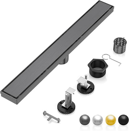 DLONE Linear Shower Drain | 32" AISI 304 Stainless Steel Linear Drain, Gun Gray Shower Drain with Tile Insert Panel & Adjustable Feet, Long Rectangle Shower Floor Drain in Bathroom, Balcony, etc