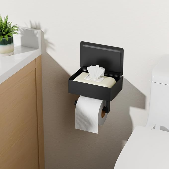 FORIOUS Toilet Paper Holder with Shelf, Sanitary Napkin Receptacle Tampon Holder, Wall Mount Toilet Paper Holder with Storage, Flushable Wipes Dispenser Fits for Bathroom Commercial(2, Matte Black)