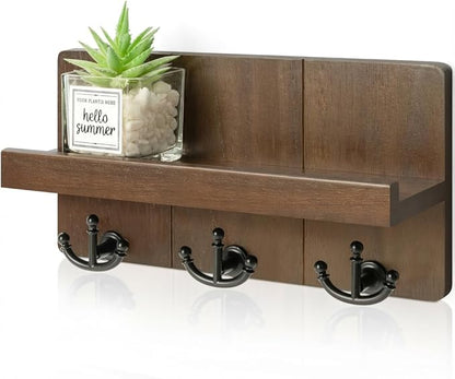 Rebee Vision Farmhouse Key Holder for Wall with Shelf: Decorative Mail Organizer and Key Rack Wall Mount with 3 Anchor Hooks - Rustic Entryway Decor (Retro Brown)