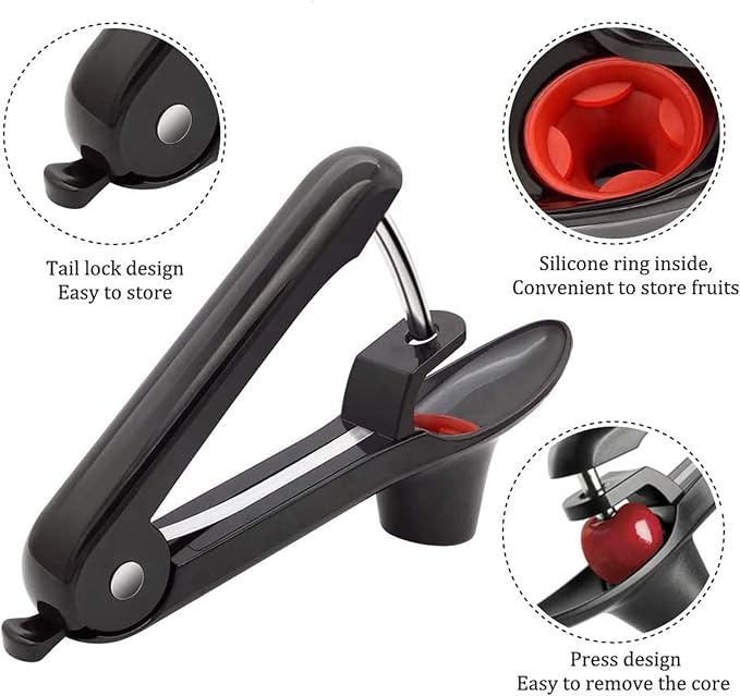 Cherry Pitter Tool, Heavy-Duty Seed Core Remover With Space-Saving Lock Design, Pit Remover for Cherries (Black)