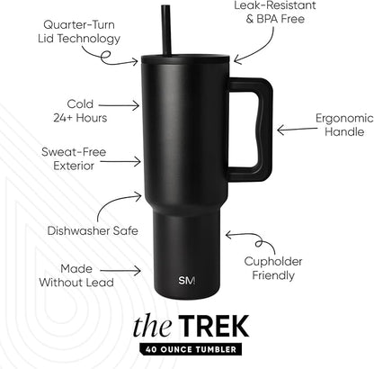 Simple Modern 40 oz Trek Tumbler with Handle and Straw Lid | Cup Holder Friendly Insulated Stainless Steel Travel Mug | Midnight Black