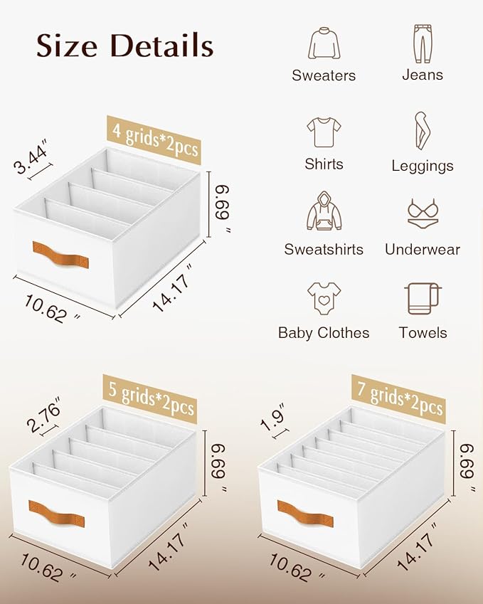 Homsorout Clothes Organizers and Storage - 4/5/7 Grids Fabric Jeans Organizer with Handles, Foldable Closet Organizers Dividers, Wardrobe organizer for Pant, Sweater, T-shirt, Scarf, 6 Pack, White