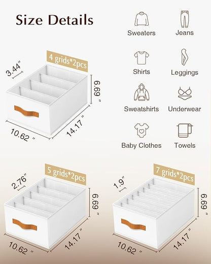 Homsorout Clothes Organizers and Storage - 4/5/7 Grids Fabric Jeans Organizer with Handles, Foldable Closet Organizers Dividers, Wardrobe organizer for Pant, Sweater, T-shirt, Scarf, 6 Pack, White