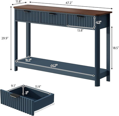 Set of 2 Console Table with Drawers, Modern 47.1" Entryway Table with Storage Shelf, Boho Narrow Skinny Behind Couch Wood Sofa Table for Living Room Hallway Entrance Foyer,Blue