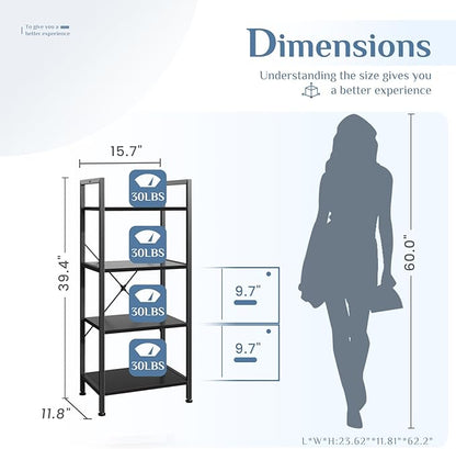 DUMOS 4 Tiers Bookshelf, Classical Book Shelf, Tall Display Shelves in Living Room/Home/Office, Storage Organizer for CDs/Books/Movies, Black