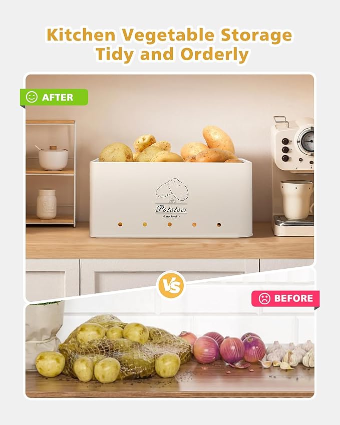 Kitchen Vegetable Storage Tins Set of 3 for Potatoes, Onion, Garlic, Vegetable Storage Containers with Ventilation and Bamboo cover, White metal material, Potato and Onion bin for Pantry