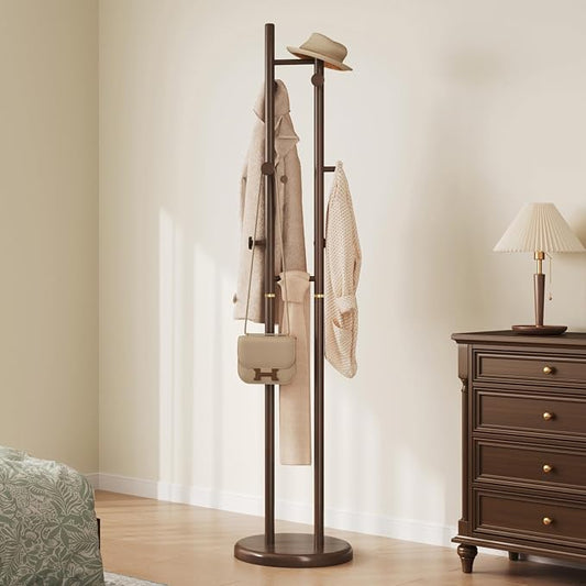 Uniclinens Wood Coat Rack Freestanding - Heavy Duty Freestanding Coat Rack, Wooden Coat Stand with 6 Hooks Creative Tree Branch-look for Entryway, Hallway, Bedroom (Dark Walnut)