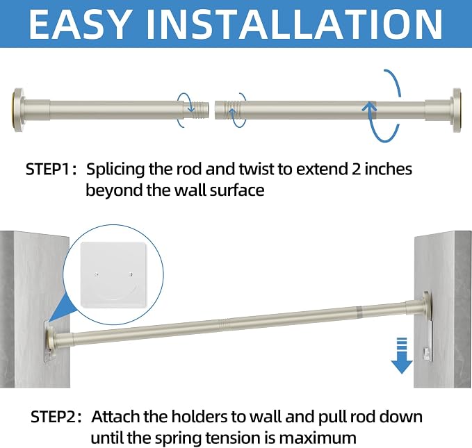 CorkLatta Nickel Shower Curtain Rod,1 Inch Diameter Stainless Steel Adjustable Spring Tension Rods 32 to 80",with Holders,Anti-Slip,Curtain Rods No Drilling(1 Pack)
