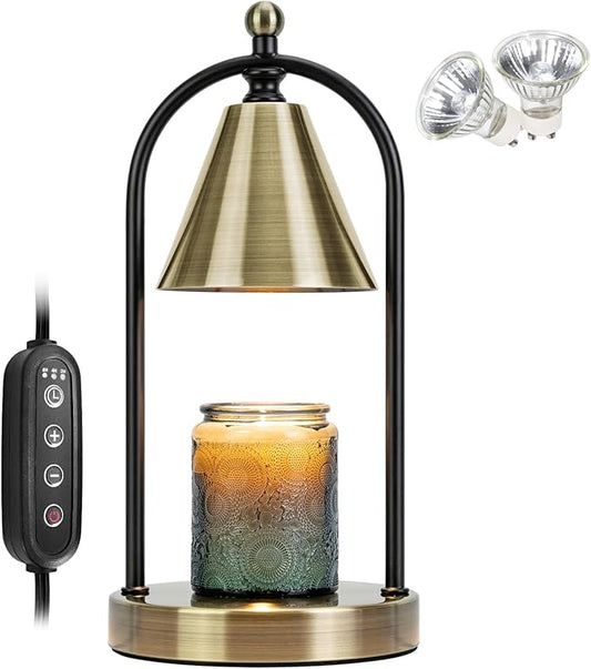Candle Warmer Lamp with Timer, Electric Brass Light for Dimmable Wax Melts and Candle Jars, Bedroom Lamp Gifts for Women Home Decor (2 Bulbs)