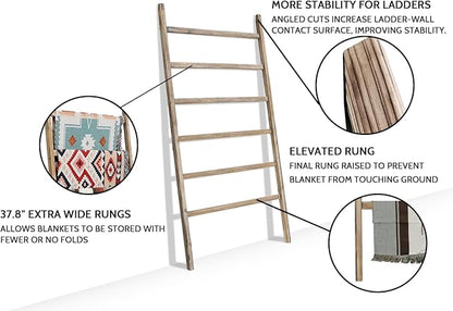 FUIN Extra Wide 6.4ft Wooden Blanket Ladder Living Room Decorative Wal Leaning Farmhouse Quilt Display Holder Rustic Wood Towel Rack for Bathroom, Burnt Brown, 38 inch Wide