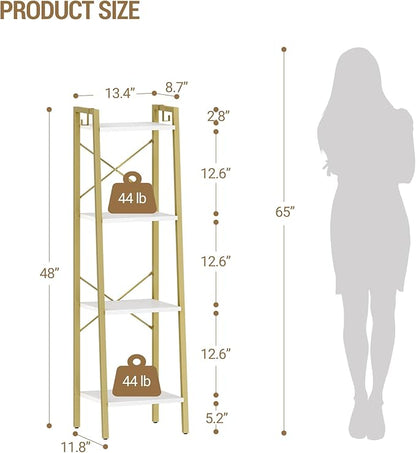 Ladder Shelf, Bookshelf Bookcase, Freestanding Corner Storage Shelve with 2 Hooks for Home Office, Living Room, Kitchen, Bedroom, Industrial, 11.8" D x 13.4" W x 47.2" H, White Gold BC13213G