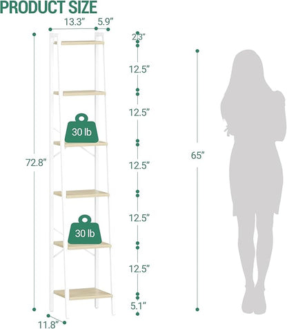 Ladder Shelf, Bookshelf Bookcase, Freestanding Corner Storage Shelve with 2 Hooks for Home Office, Living Room, Kitchen, Bedroom, Industrial, 11.8" D x 13.4" W x 72.8" H, White Oak and White