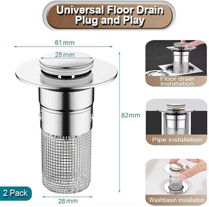 2Pack Bathroom Sink Drain Strainer, Pop Up Sink Drain Filter with Removable Stainless Steel Filter Basket Hair Catcher, for Us Bathroom Sink Stopper Replacement, Bathtubs, Showers & Floor Drains