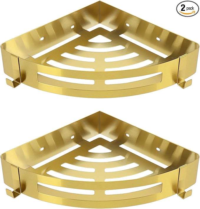 NearMoon Bathroom Shower Caddy 2 Pack, No Drill 304 Stainless Steel Shower Organizer with 2 Hooks (Corner Shelf, Gold)